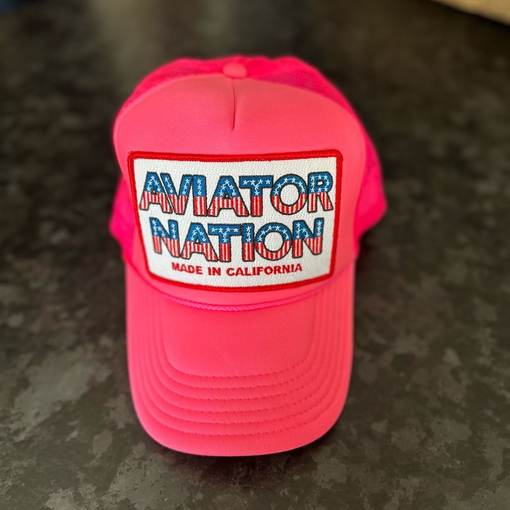 Aviator Nation Patriotic Patch Trucker in Neon Pink